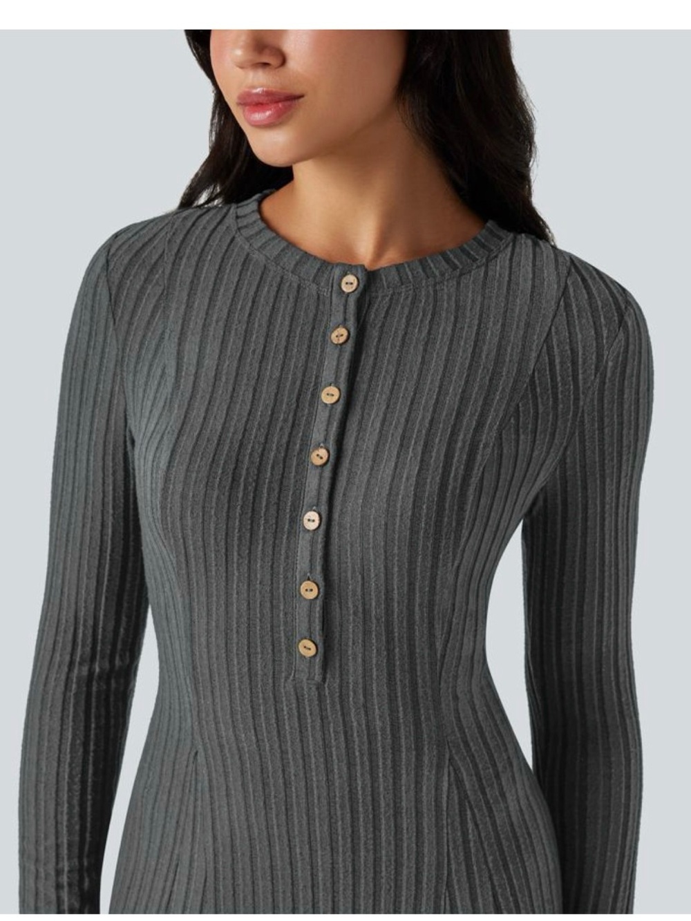 HALARA Ribbed Henley Long-Sleeve Maxi Dress in Charcoal Gray - Picture 4 of 5